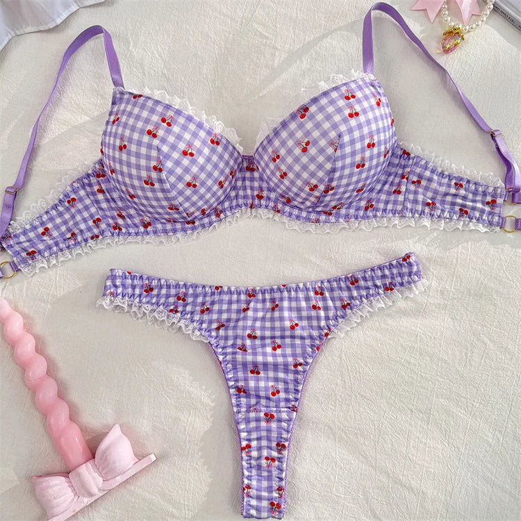 Cherry Print Bralette Set Sweet Lace Trim Women's Lingerie French Style Thin Bra Panty Light Purple Plaid Intimate Underwear Set