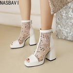 White Polka Dot Mesh Peep Toe Chunky Block Heel Platform Back Zipper Ankle Sandal Boots for Women