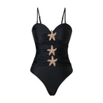 Vintage White Khaki Patchwork Swimwear Women 2026 Starfish Ornament Hollow Pleate One Piece Swimsuit Beach Bathing Suit Monokini