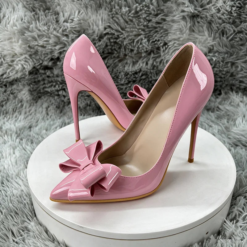 Pink Patent Leather Bow Pumps Women Pointed Toe Stiletto High Heels Elegant Wedding Party Dress Shoes Ladies Formal Evening Pump