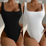 White Black One Piece Swimsuit for Women Summer Beach Vacation Ribbed Monokini Slim Backless Bathing Suit Tummy Control Swimwear