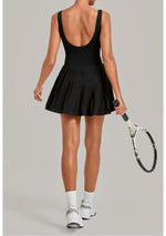 Naked Fake Two Piece Tennis Dresses with Pocket Bottom Women Back Hollow Out Pleate Skirts Outwear Square Collar Golf Yoga Dress