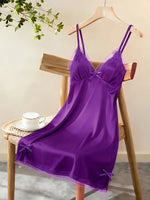 Women Satin Nightdress Lace Trim Slip Dress Spaghetti Strap Silky Nightgown Elegant Sleepwear Home Lingerie