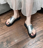 Women's Thick Heel Sandals Summer New StyleTrendy Toe Covering Flat Sandals Simple Design Rubber Sole