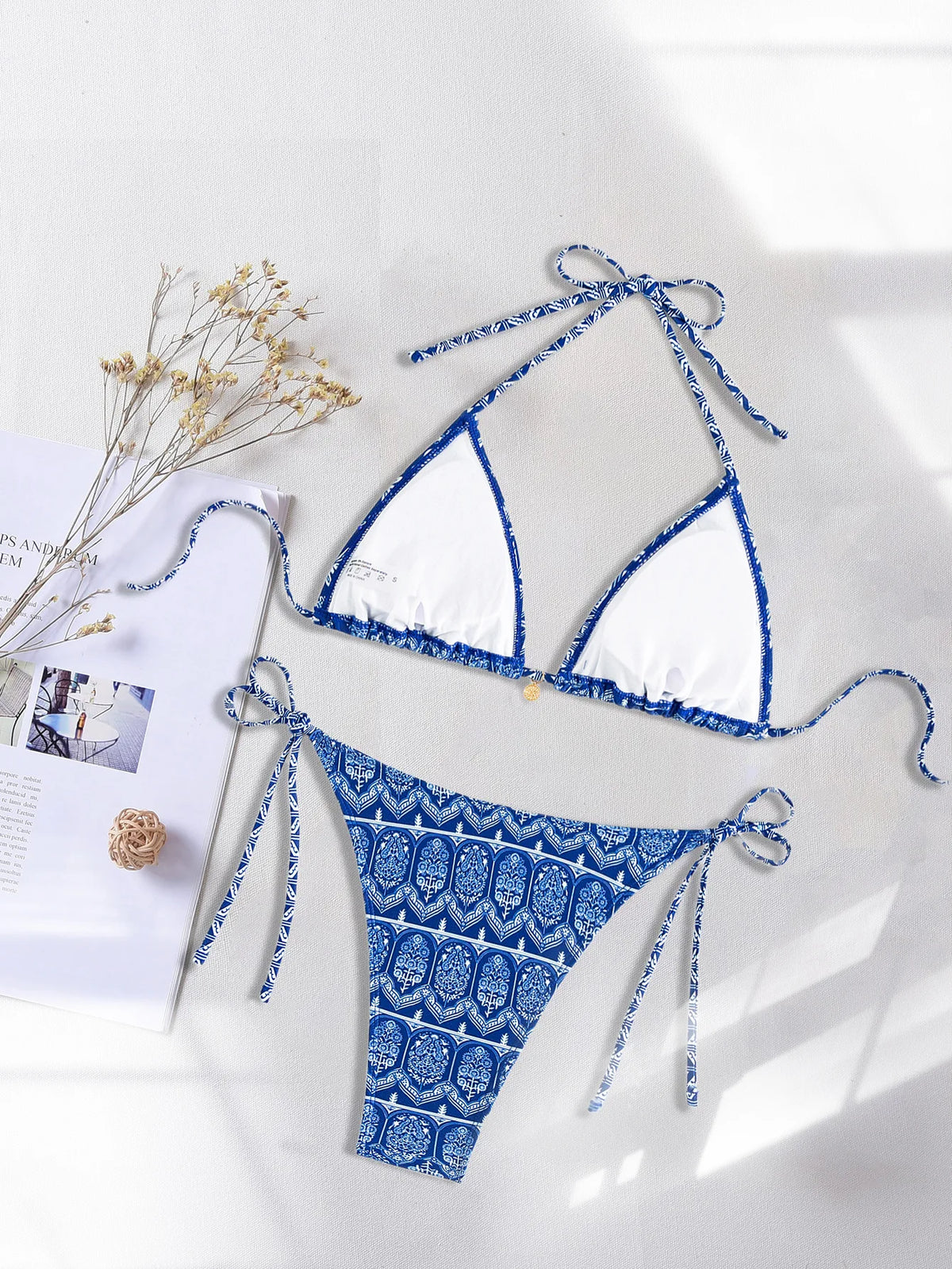 Blue Floral Print 2 Piece Micro Bikini Set for Women 2025 New Push Up Bra Thong Swimsuit Beach Bathing Suit Holiday Swimwear