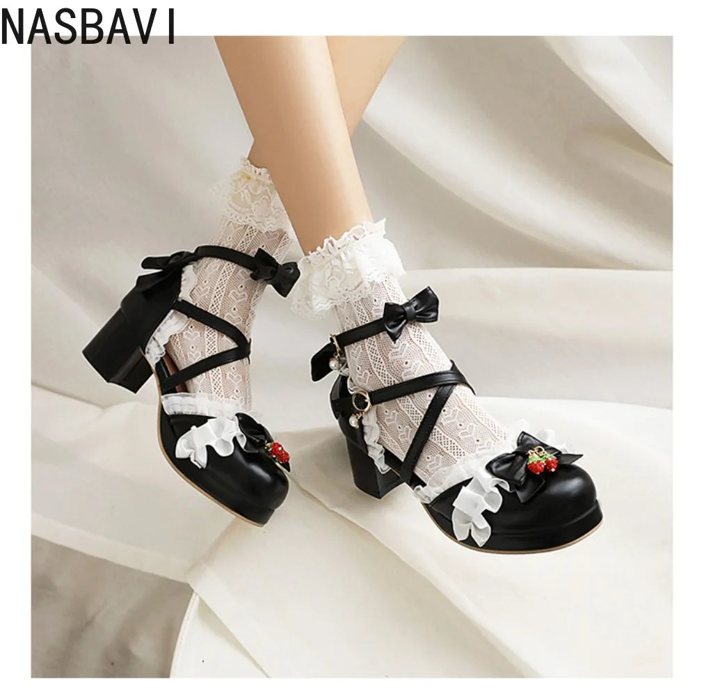 Women Lace Single Leather Lolita Shoes 2026 Cute Japanese Sweet Bow Thick Square Heel Shoes Girls' Party Dress Sandals Shoes 43
