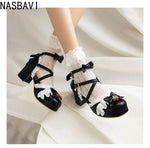 Women Lace Single Leather Lolita Shoes 2026 Cute Japanese Sweet Bow Thick Square Heel Shoes Girls' Party Dress Sandals Shoes 43