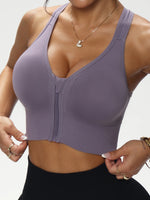 Women's Zip Front Solid Color Sports Bra, Crisscross Back Wireless Bra, Removable Padded Comfort Everyday Workout Bra
