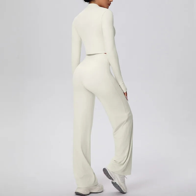 2 Pcs Women's Seamless Yoga Set Long-sleeved Wide-leg Pants Tracksuit Fitness Sports Set High-waisted Hip-lifting Slim-fit Suit