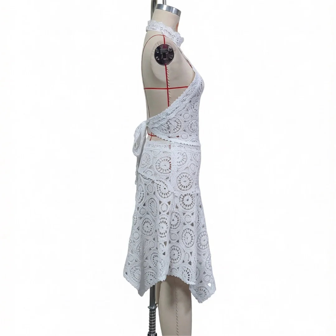New Hollow Out Crochet Knitted 2 Pieces Suits Tunic Beach Cover Up Cover-ups Beach Dress Beach Wear Beachwear Female Women V8391
