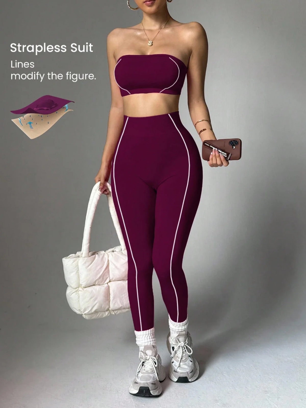 Women Strapless Bandeau Sports Bra Seamless High Waist Yoga Leggings Set Padded Workout Fitness Gym 2 Piece Outfits