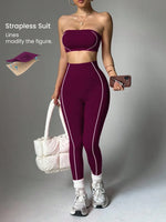 Women Strapless Bandeau Sports Bra Seamless High Waist Yoga Leggings Set Padded Workout Fitness Gym 2 Piece Outfits