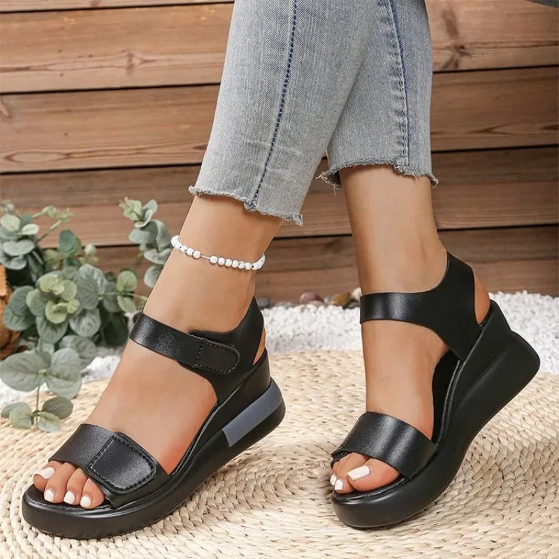 Slope Heel Sandals Women Summer Soft Sole Comfort Shoes Lightweight Open Toe Solid Color Beach Slippers
