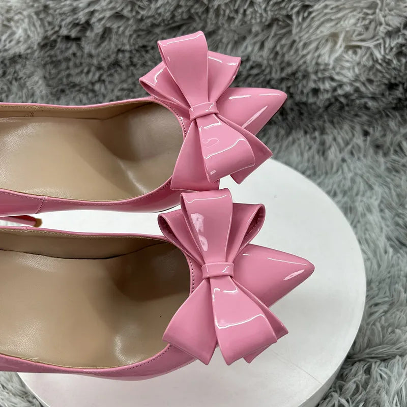 Pink Patent Leather Bow Pumps Women Pointed Toe Stiletto High Heels Elegant Wedding Party Dress Shoes Ladies Formal Evening Pump