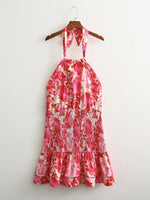 Sexy Red Floral Print Backless Summer Women Boho Mini Dress Bodycon Sleeveless Beach Lace Up Bowknot Dropshipping Dress Sundress