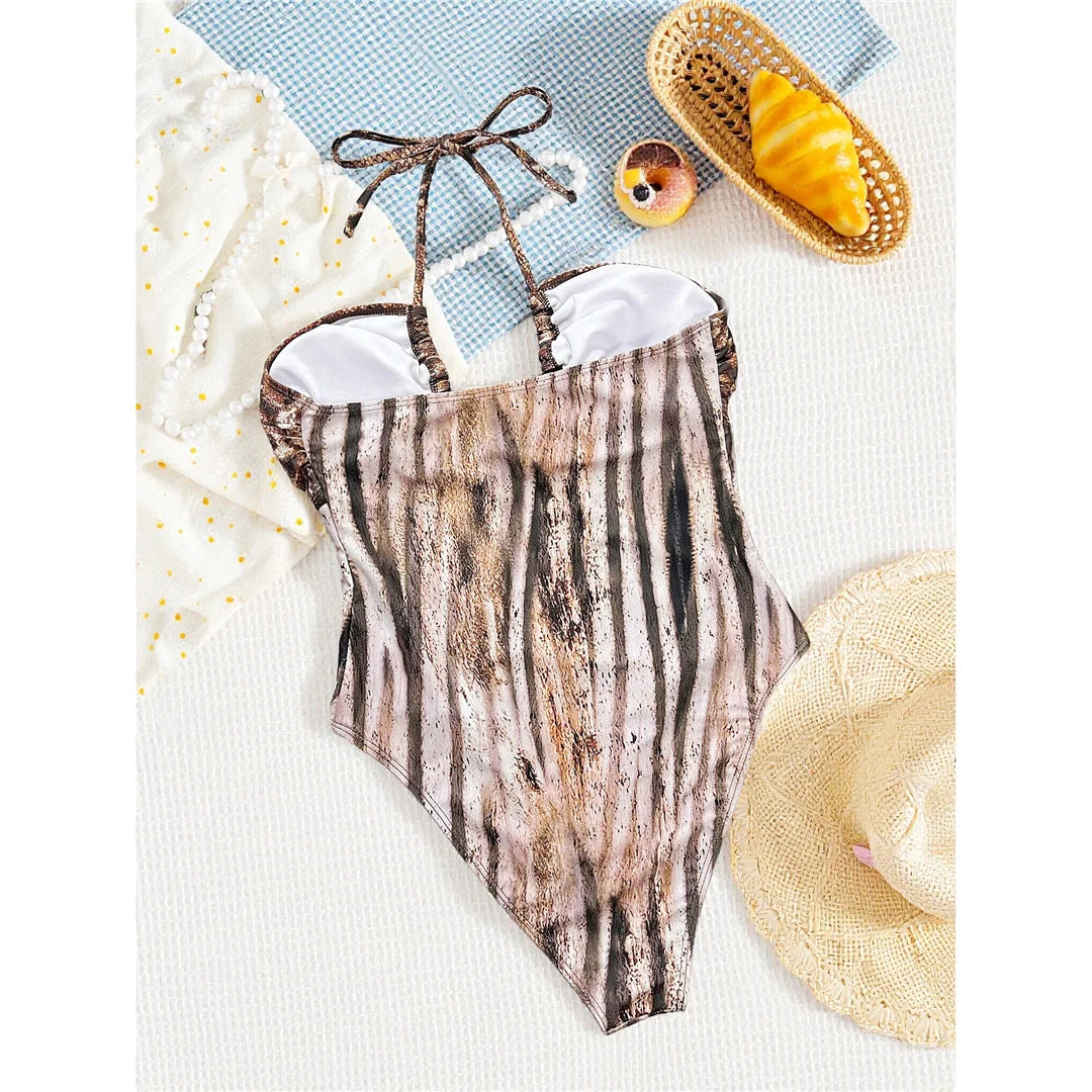 Sexy Leopard Halter Tummy Cut Out Women Swimwear One Piece Swimsuit Female Monokini High Leg Cut Bather Bathing Suit Swim V7882