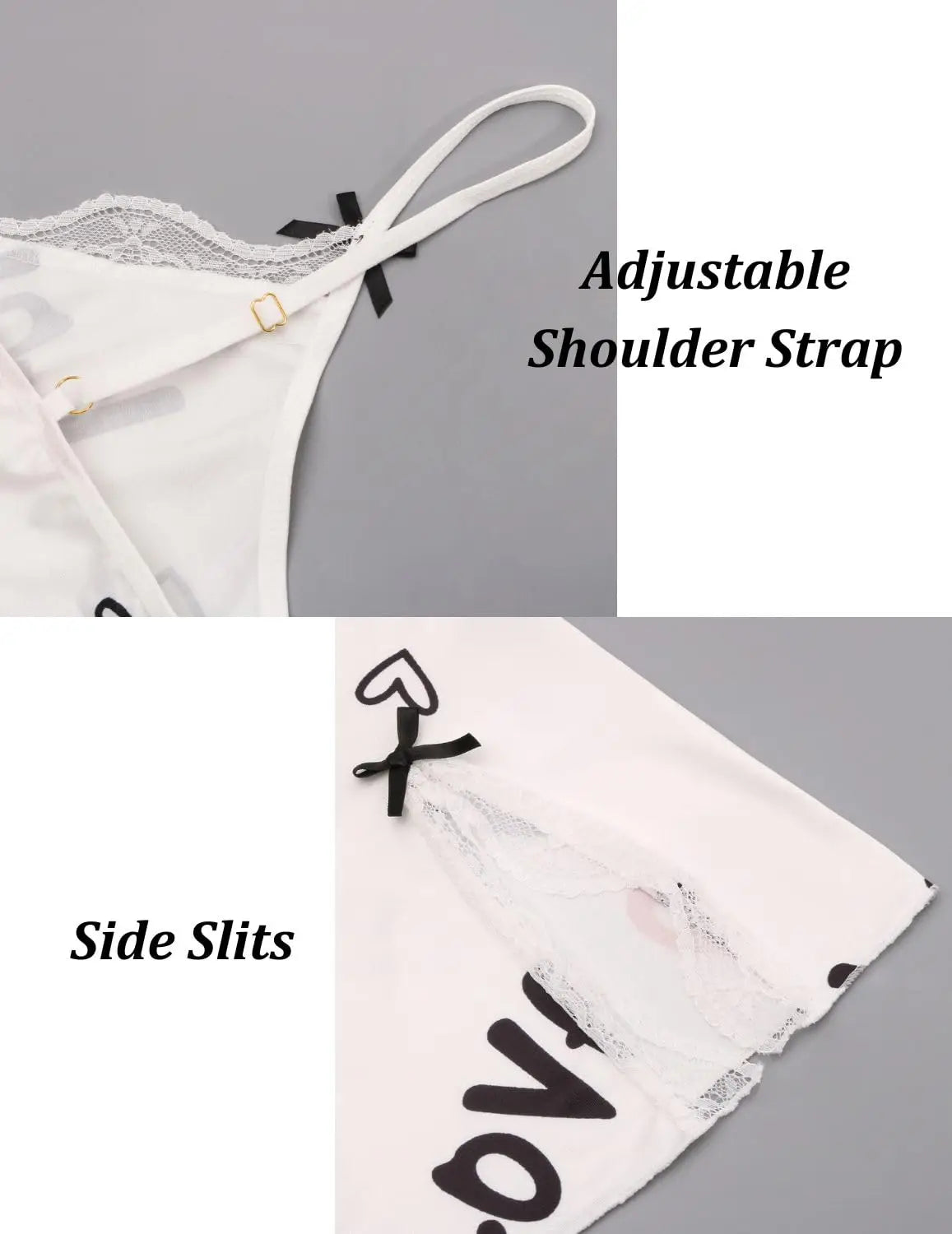New Sexy Black Nightgown for Women Red HeartLove Print Satin Lace Trim Mini Chemise Adjustable Spaghetti Strap Lingerie