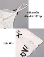 New Sexy Black Nightgown for Women Red HeartLove Print Satin Lace Trim Mini Chemise Adjustable Spaghetti Strap Lingerie