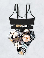 One Piece Swimsuit Women Vintage Green Floral Print Hollow Out Backless High Waist Bikini 2025 Bathing Suit Bandage Swimwear