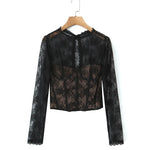 Pure Desire Sexy Sheer Crochet Lace Base Shirt Waist-Tightening Top T-Shirt For Woman Transparent Mesh Casual T-Shirt Charm ADSE