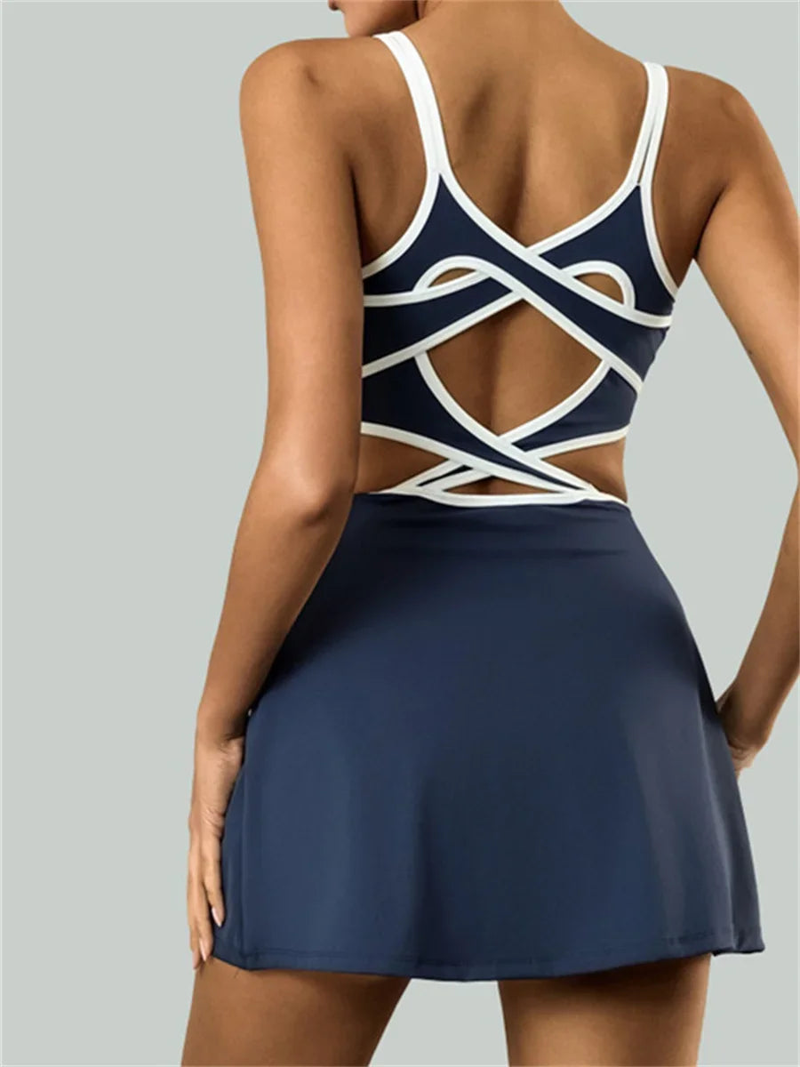 Tennis Dress Women Sleeveless Push Up Padded Sport Dresses Training Running Fitness Hollow Out Backless Slim Badminton Suit