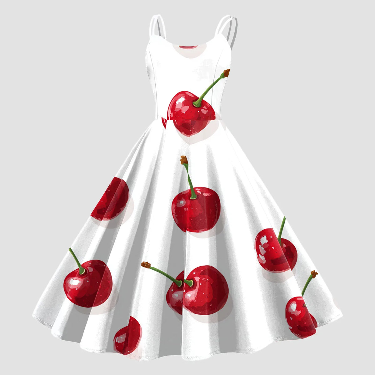 Vintage Fruit Print Dress For Women Elegant High Waist A Line Swing Dress Rockabilly 60s 50s Retro Spaghetti Strap Maxi Robe
