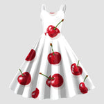 Vintage Fruit Print Dress For Women Elegant High Waist A Line Swing Dress Rockabilly 60s 50s Retro Spaghetti Strap Maxi Robe