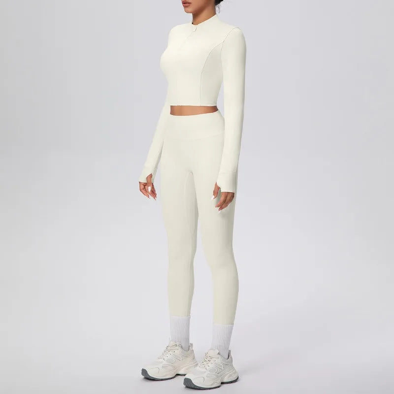 New Women Yoga Set Solid Color Double-Sided Brushed Bare Feel Short Long-Sleeve Jacket Tight Pants Running Fitness 2-Piece Set