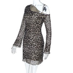 Spring Summer Off-Shoulder Sexy Leopard Print Long-Sleeve Dress European-Style Casual Backless Bell-Sleeve Mini Skirt Streetwear