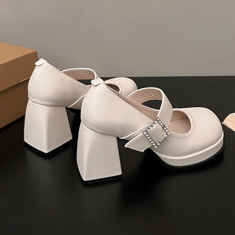 Elegant Chunky Heel Mary Jane Shoes Women 2025 Crystal Buckle Strap Platform Pumps Woman Thick High Heeled Party Shoes Ladies