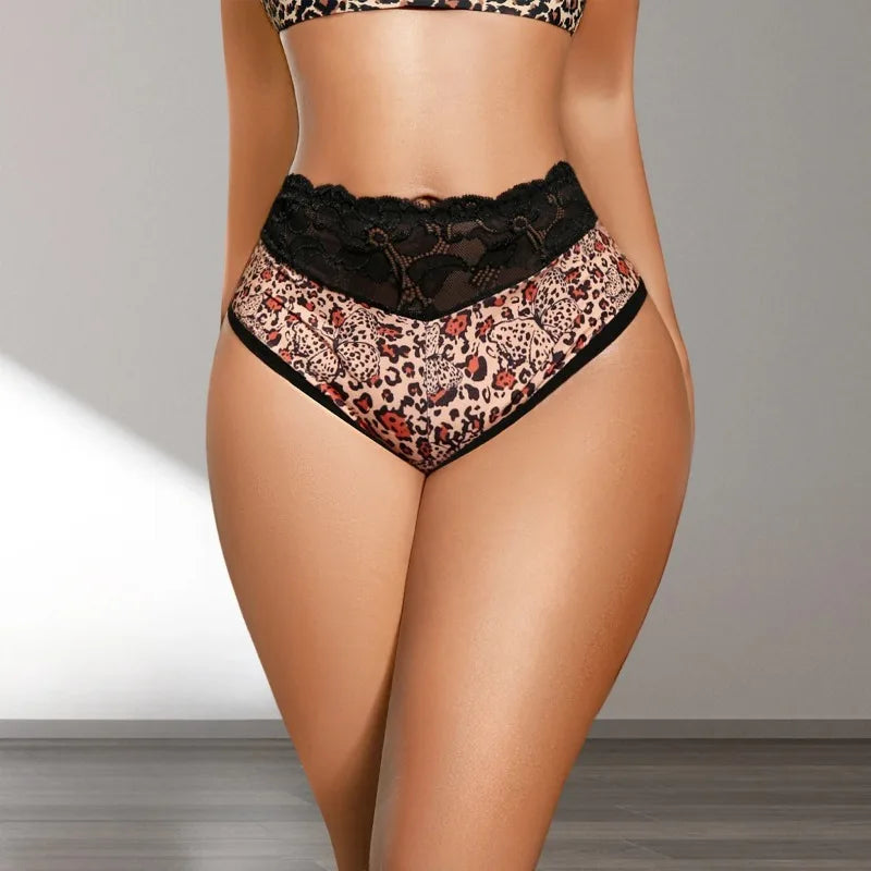 1pcs Leopard Print Sexy Lace Women Panties Mid Waist Breathable Comfortable Female Underpants Patchwork Lady Briefs Underwear