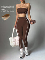 Women Strapless Bandeau Sports Bra Seamless High Waist Yoga Leggings Set Padded Workout Fitness Gym 2 Piece Outfits