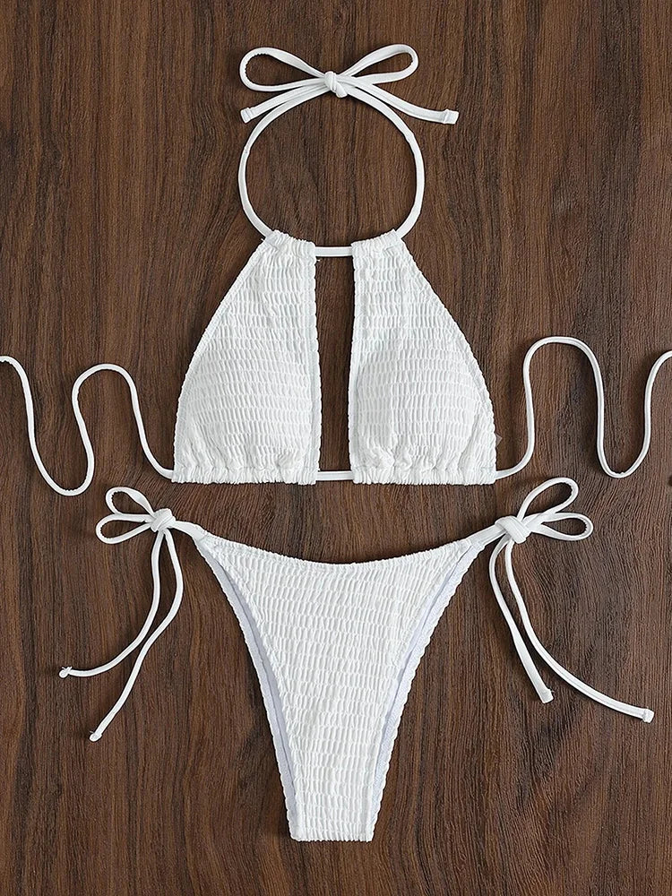 2025 Halter Tie Side Hollow Out Smocked Bikini Women Swimsuit Female Swimwear Two Pieces Bikini Set Swim Bathing Suit Beach Wear