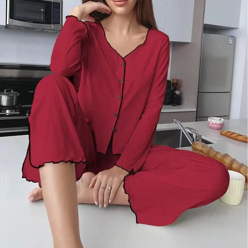 Autumn Winter Women Solid Color Pajama Set Casual Loungewear Long SleeveLeg Pants 2 Piece Outfit Comfortable Homewear New Hot