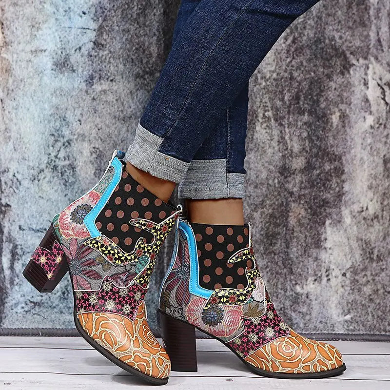 Ankle Boots Women Autumn PU Women's Shoes Ethnic Waterproof Casual Vintage Shoes Zipper High Heel Short Boots Botas Mujer