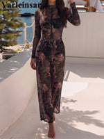 S - XXL New Leaves Printed Long Sleeve With Zipper Pants One Piece Swimsuit Women Swimwear Female Bather Bathing Suit Swim V8355