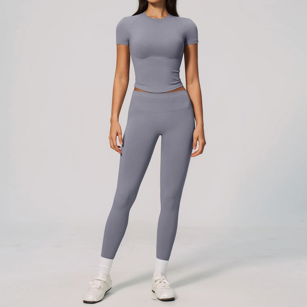 2PCS Women's Tracksuit Seamless Yoga Set Short Sleeve O Neck Workout T Shirts Fitness Suit Tight Hip Lifting Leggings Gym Sets
