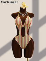 Striped Colorful Halter Cut Out One Piece Swimsuit Women Swimwear Female Monokini High Leg Cut Bather Bathing Suit Swim V8304