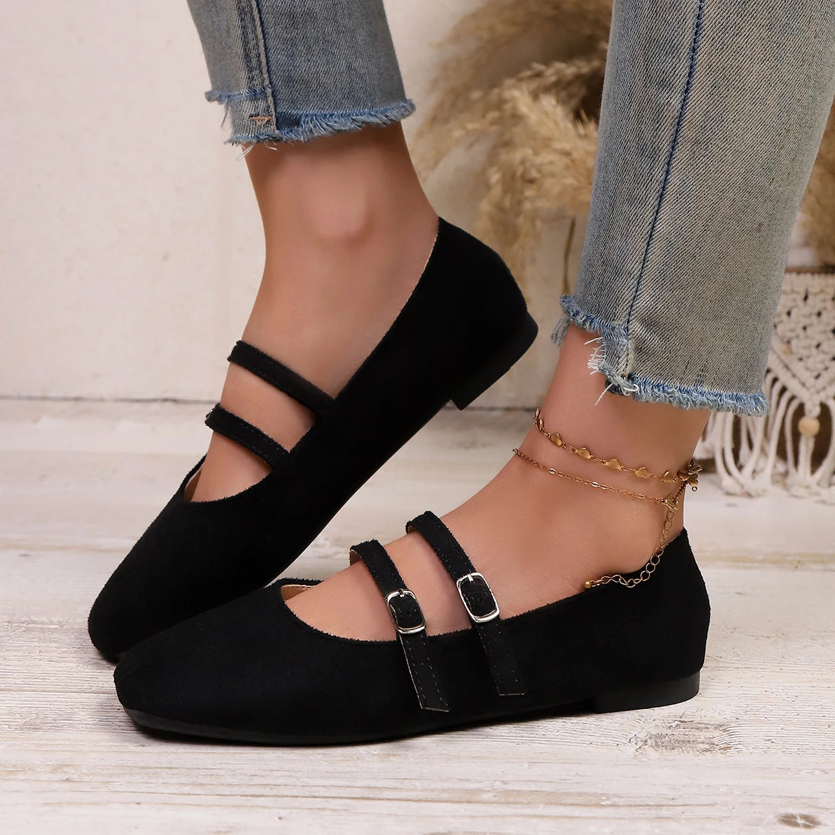 Women Suede Square Toe Double Strap Mary Jane Flats Buckle Slip‑On Soft Flat Shoes Large Size Casual Office Ladies Shoes
