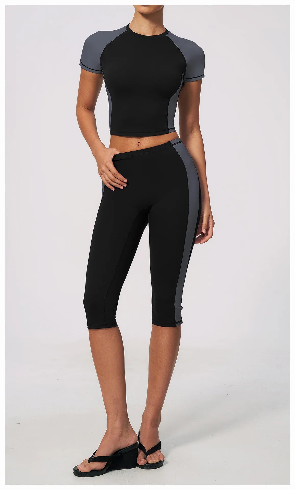 Color Blocking 2PCS Yoga Set Women's Tracksuit Short Sleeve O Neck Sports T Shirts High Waist Cropped Pants Tight Fitness Suits