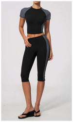 Color Blocking 2PCS Yoga Set Women's Tracksuit Short Sleeve O Neck Sports T Shirts High Waist Cropped Pants Tight Fitness Suits