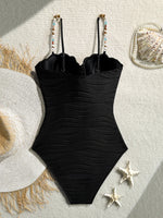 Vintage Beige Ribbed One Piece Swimsuit 2026 Women Beading Strap Underwire Tummy Control Swimwear Beach Holiday Bathing Suits