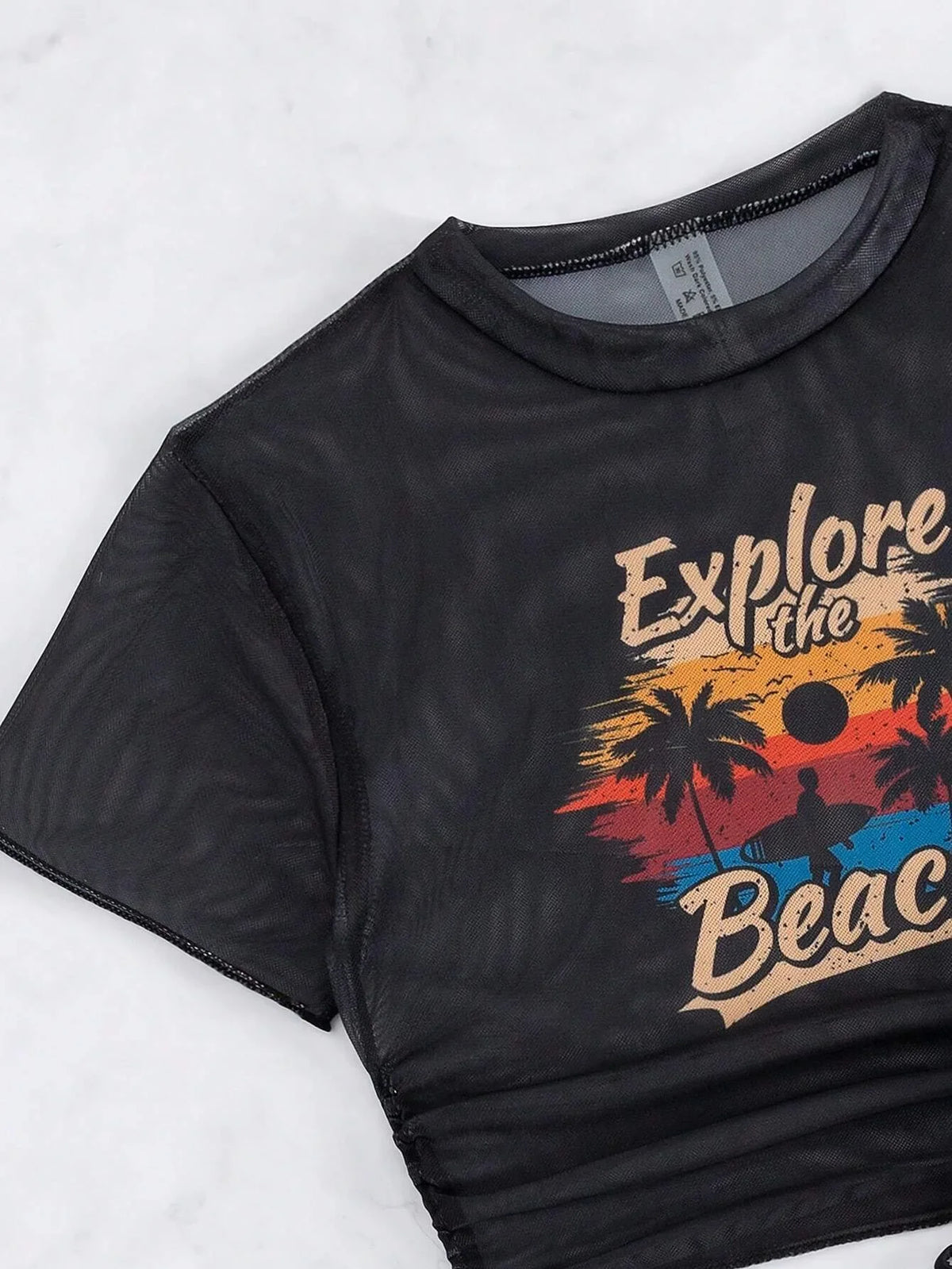 2026 Black Crop Top Swimwear Women Summer Sexy Beachwear Mesh Short Sleeve Cover Ups Top Three Piece Swimsuit Lace Up Bikini Set