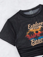2026 Black Crop Top Swimwear Women Summer Sexy Beachwear Mesh Short Sleeve Cover Ups Top Three Piece Swimsuit Lace Up Bikini Set