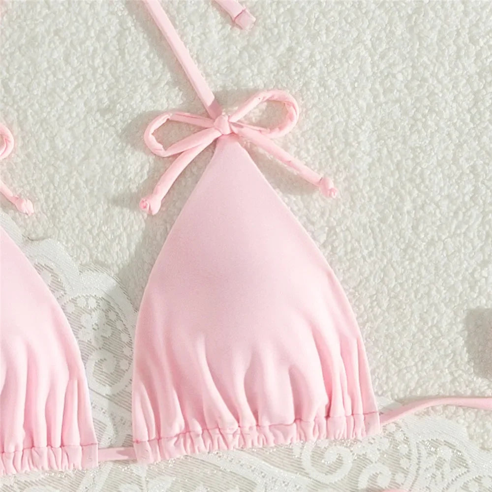 Pink Bow Swimwear String Halter Triangle Micro Bikini Thong Sexy Swimsuit Women Lace-up Wrinkled Bathing Suit Mini Bikinis Sets