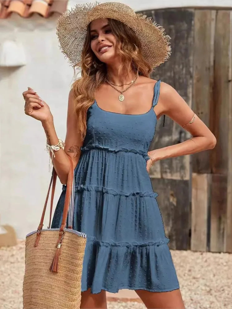 Solid Color Dots Spaghetti Strap Mini Dresses Women Bowknot Leace-up Backless Short Dress Summer Beach Vacation Vestidos Female