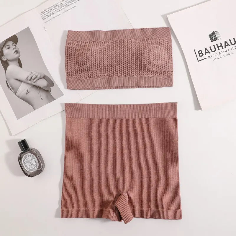 Women Seamless Bra Set Ribbed Sports Shorts Sexy Strapless Lingerie Set Nonwire Bralette Female Bandeau Underwear Set