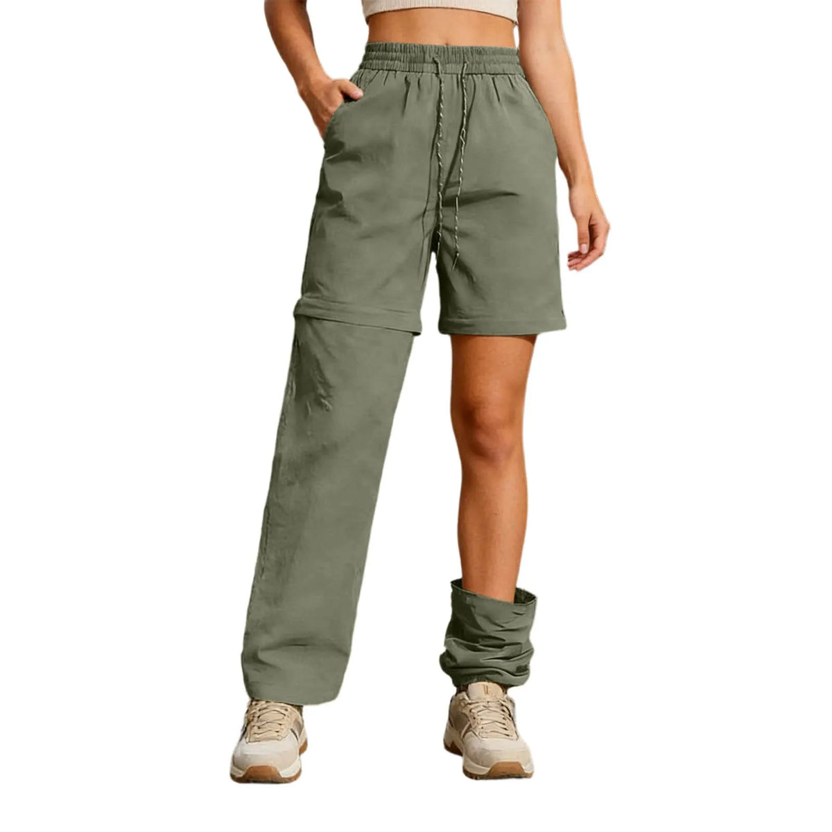 Women's Casual Waterproof Hiking Pants Loose Fit Zip Off Convertible Shorts High Waist Drawstring Wide Leg Pants With Pockets