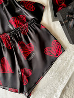 Women Heart Letter Print 2 Piece Pajama Set V Neck Spaghetti Strap Cami Top Elastic Waist Shorts Sweet Fashion Ladies Sleepwear