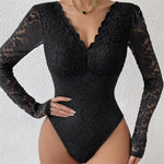 Sexy White Lace Bodysuit Women Solid Color Long Sleeve Sheer Corset Top Autumn Ruffles V Neck See Thourgh Slim Fit Jumpsuit